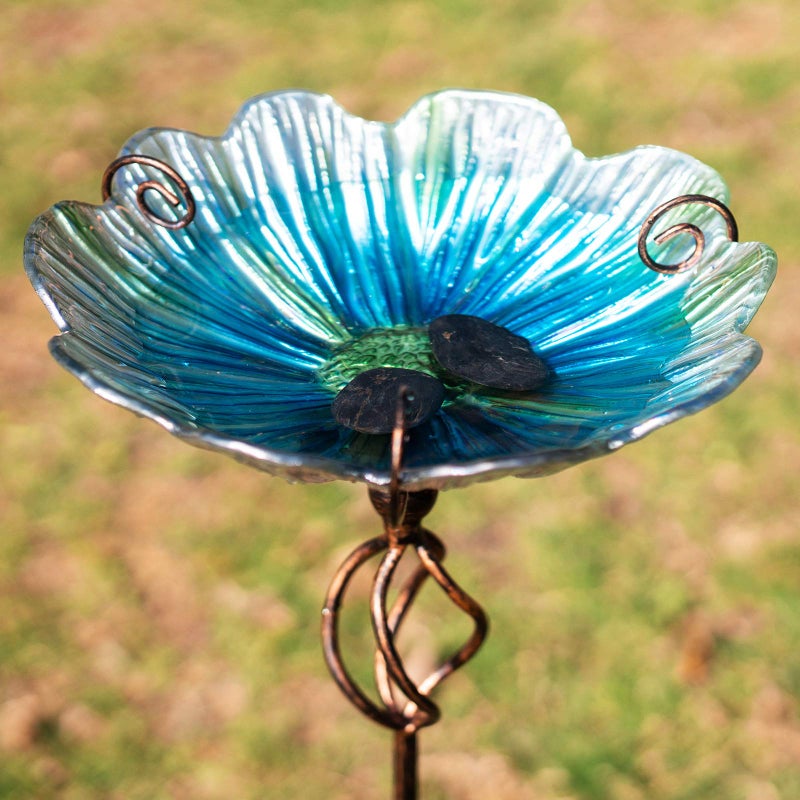 MUMTOP 31 Inch Height Glass Birdbath Birdfeeder with Metal Stake Garden Yard Outdoor Blue - Image 5